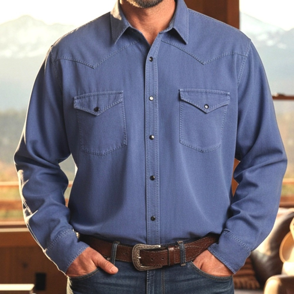 Schnee's Bozeman Montana Mens Size 2XL Western Chambray Shirt Whip Stitch Detail